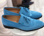 TucciPolo Mens Handmade Luxury Blue Suede Tassel Loafers
