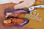 TucciPolo Mens Handmade Purple Brown Single Buckle Monkstrap Italian Leather Luxury Shoe