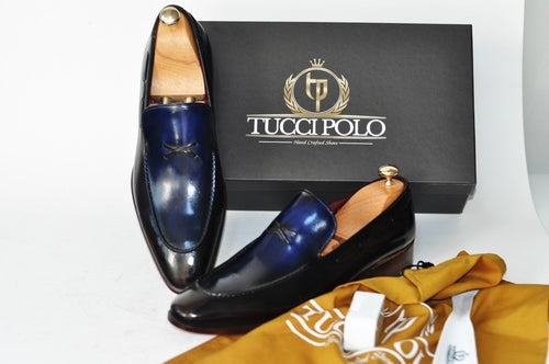TucciPolo Mens Luxury Handmade Italian Leather Mixed Tone Blue and Brown Loafers Shoe