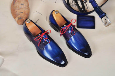 TucciPolo Mens Oxford Handmade Classic Blue with Red Wrapped Laces Luxury Italian Leather Shoe
