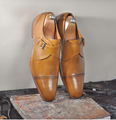 TucciPolo Mens Single Monkstrap Tobacco Tone Mens Classic Handmade Italian Leather Luxury Shoe