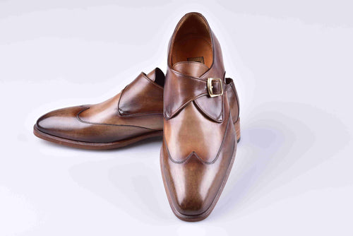 TucciPolo Mens Single Buckle Italian Leather Handmade Luxury Monkstrap Brown Shoe