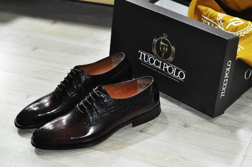 TucciPolo TROY-TP Handmade Genuine Crocodile with Brown Italian Leather Mens Luxury Designer Shoe