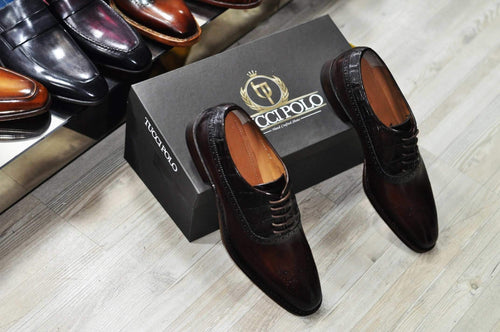 TucciPolo TROY-TP Handmade Genuine Crocodile with Brown Italian Leather Mens Luxury Designer Shoe