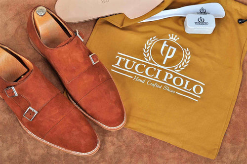 TucciPolo Handmade Double Buckle Monkstrap Mens Luxury Suede Shoe