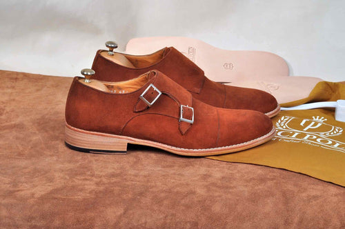 TucciPolo Handmade Double Buckle Monkstrap Mens Luxury Suede Shoe