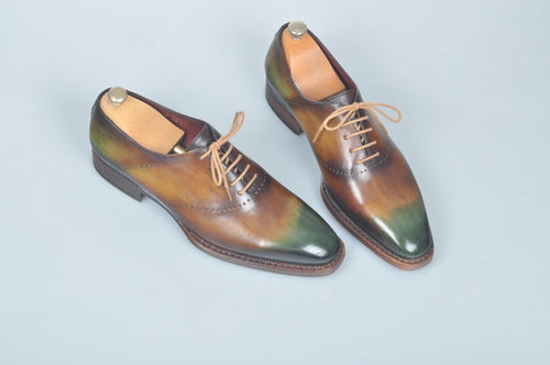 TucciPolo Handmade Luxury Brown and Green Goodyear Welted Oxford Mens Italian Leather Shoes