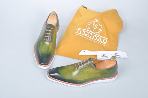TucciPolo Limited Edition Sporty Handmade Luxury Greenish Mens Italian Leather Oxford Style Sneaker