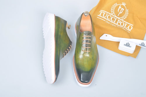 TucciPolo Limited Edition Sporty Handmade Luxury Greenish Mens Italian Leather Oxford Style Sneaker