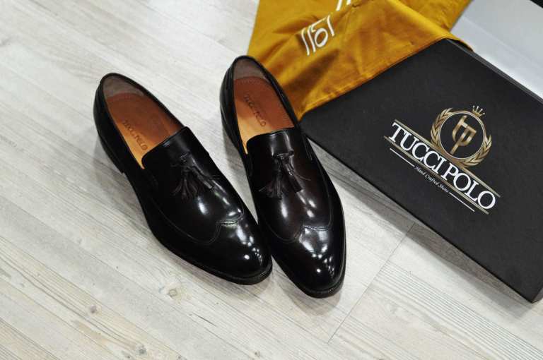 TucciPolo Mens Handmade Italian Leather Tassel Black Luxury Loafers Shoe