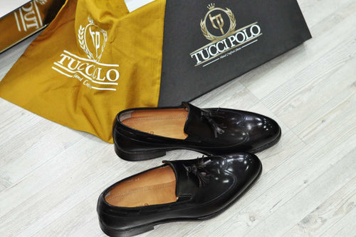 TucciPolo Mens Handmade Italian Leather Tassel Black Luxury Loafers Shoe