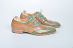 TucciPolo Handmade Luxury Tri-Color Brown and Green with Blue Trim Mens Italian Leather Shoes