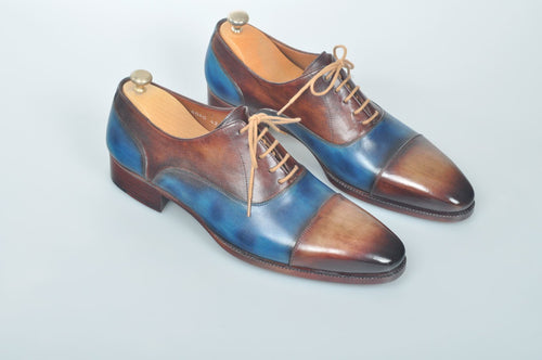 TucciPolo Handmade Luxury Two Tone Brown and Blue Mens Italian Leather Captoe Shoes