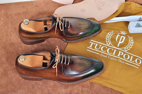 TucciPolo Mens Handmade Greenish Brown Oxford Side Handsewn Welted Italian Leather Core Luxury Shoe