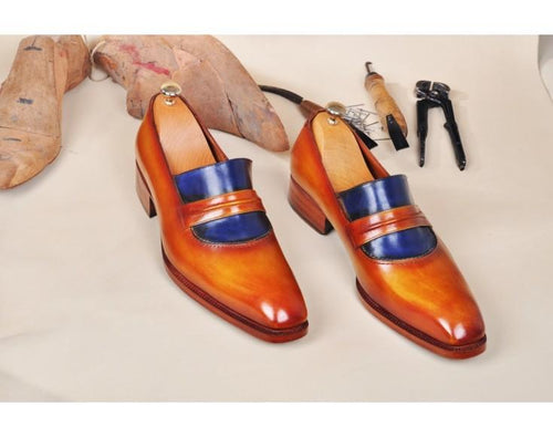 TucciPolo Handmade Leather Luxury Handpolished Tan & Blue Mens Loafers Shoe