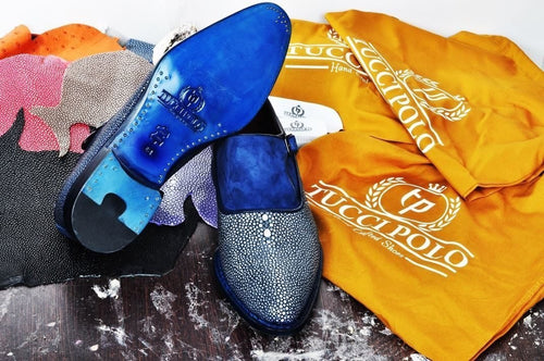 TucciPolo Genuine Blue Stingray with Half Suede Handmade Mens Luxury Shoe