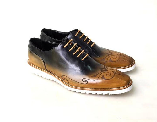 TucciPolo Handmade Italian Calf Skin Leather Oxford Style Casual two tone Black and brown Sneaker